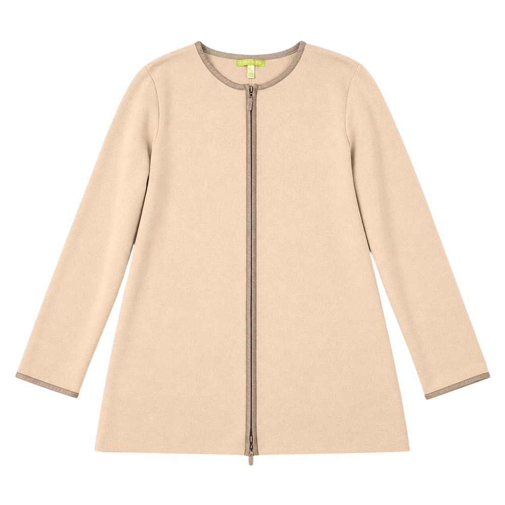 Sigrid Olsen Cardigan Coat Women 1X Tan Cotton Knit Leather Trim Zip Plus Luxury